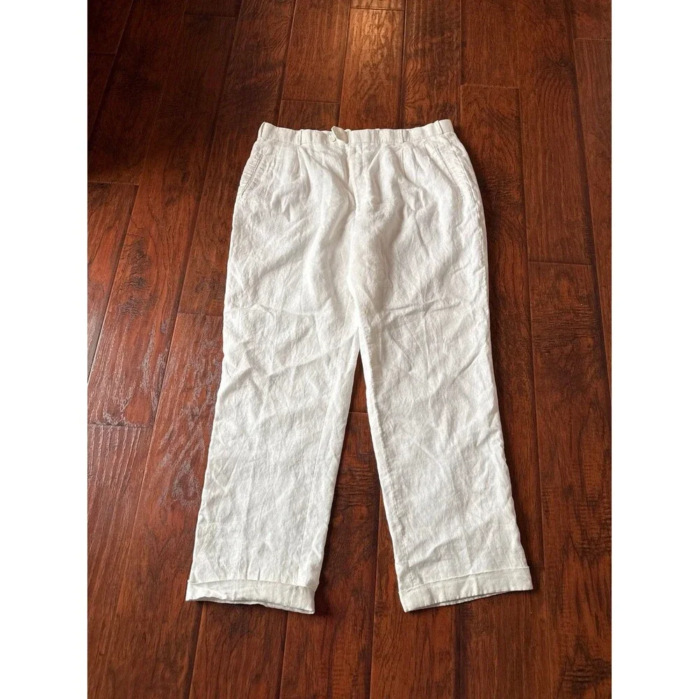 100% Linen White Flat Front Pants Size 42W Lined Wide Leg Summer Resort